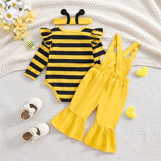 Tregren 3PCS Baby Girl Outfit – Bee-Themed Romper, Flare Overalls