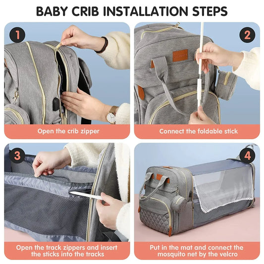 3-in-1 Diaper Bag Backpack – Foldable Baby Bed & Waterproof Travel Bag with USB Charging