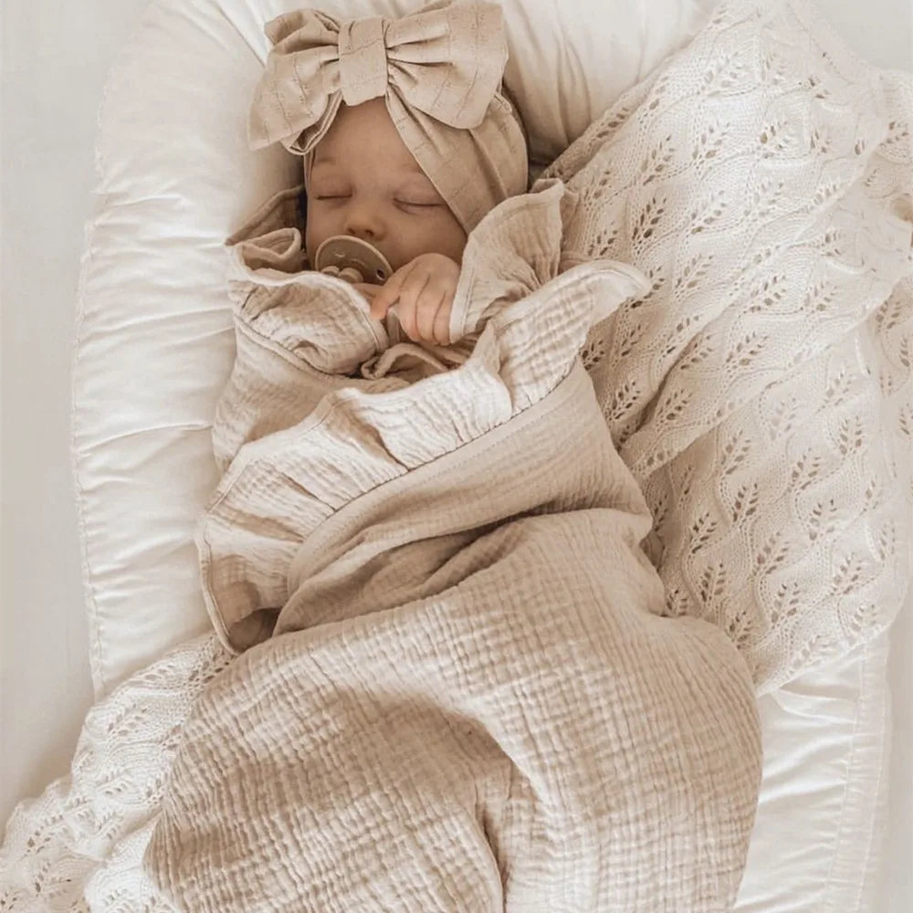 INS Ruffled Muslin Baby Swaddle Blanket – Soft Organic Cotton Newborn Wrap