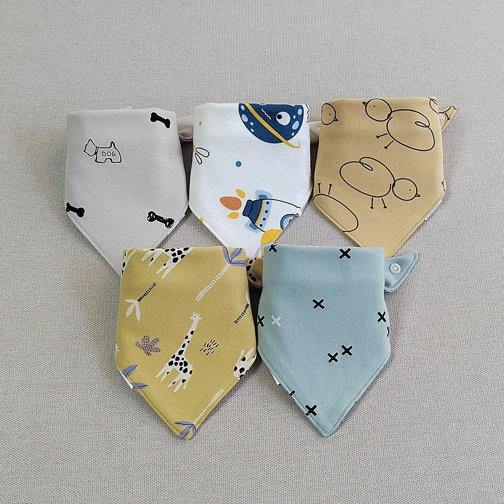 5PCS Baby Bibs – Double Cotton Triangle Bandana Bibs with Cartoon Prints