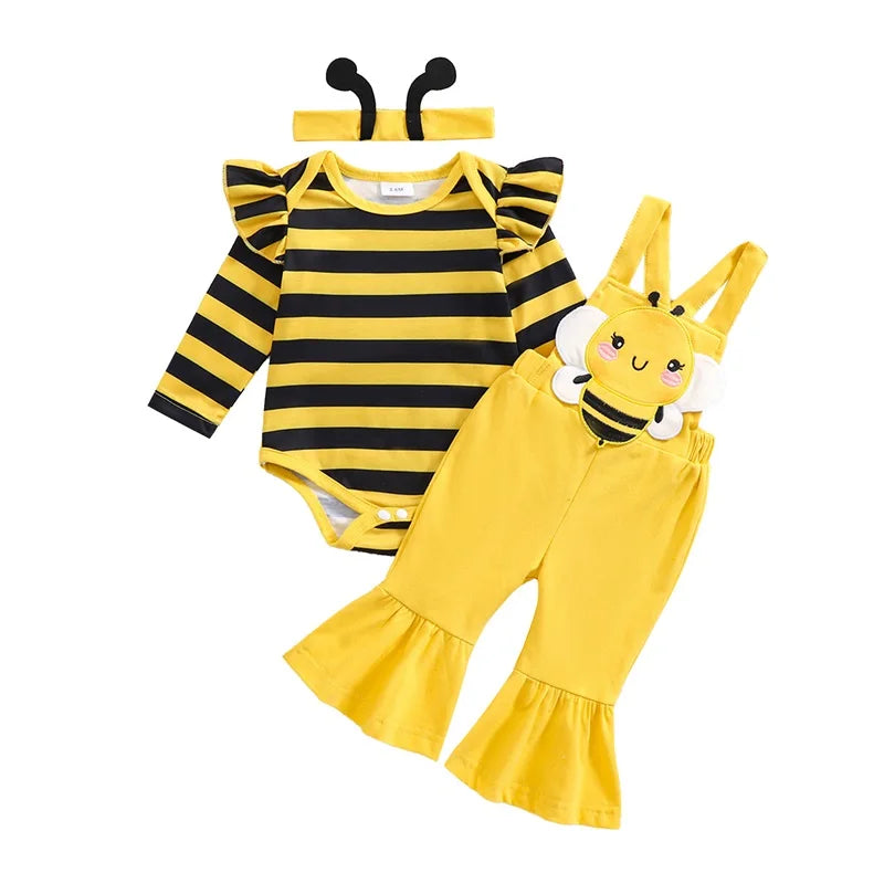 Tregren 3PCS Baby Girl Outfit – Bee-Themed Romper, Flare Overalls