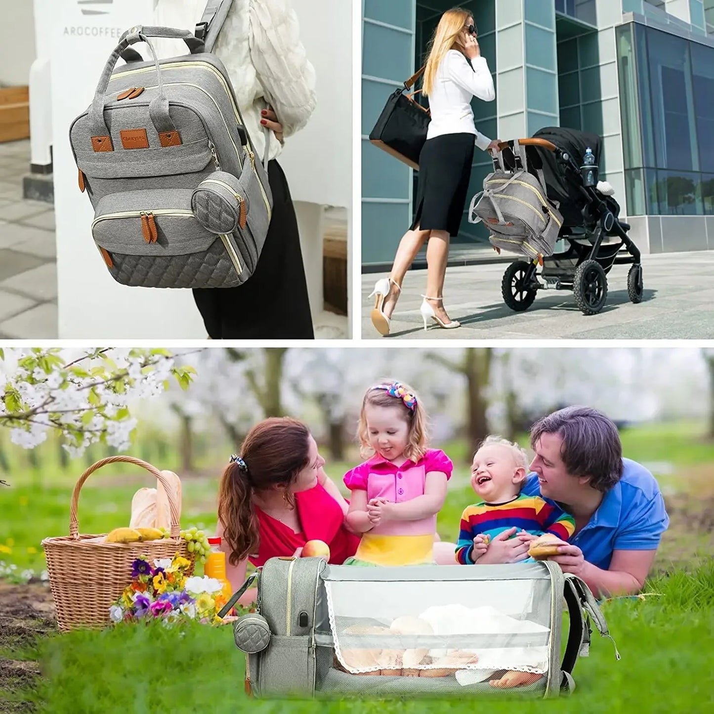 3-in-1 Diaper Bag Backpack – Foldable Baby Bed & Waterproof Travel Bag with USB Charging