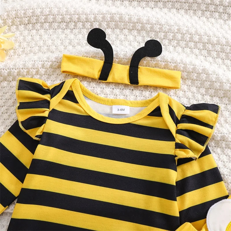 Tregren 3PCS Baby Girl Outfit – Bee-Themed Romper, Flare Overalls