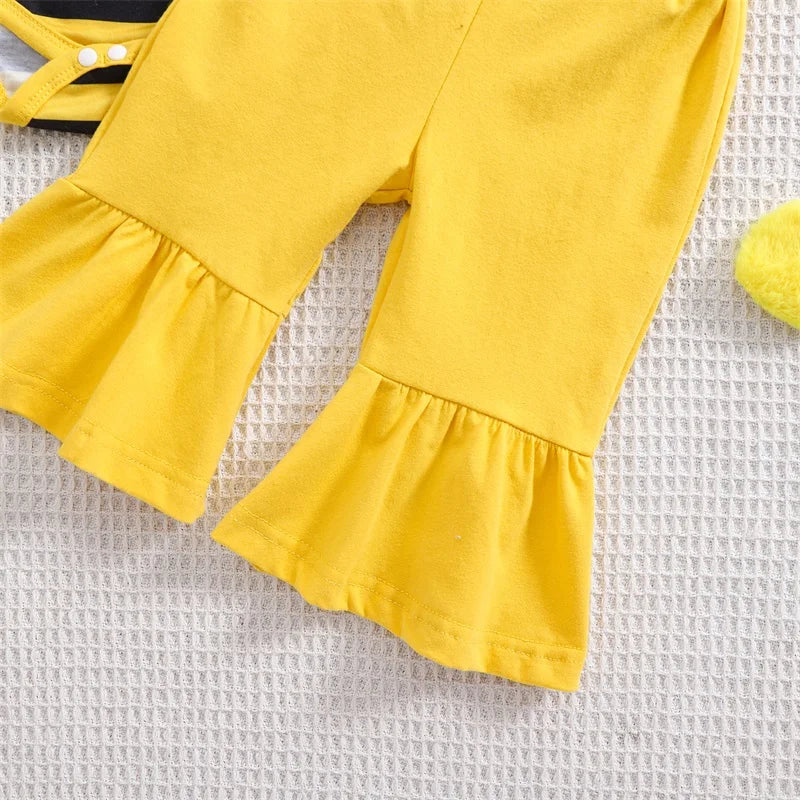 Tregren 3PCS Baby Girl Outfit – Bee-Themed Romper, Flare Overalls