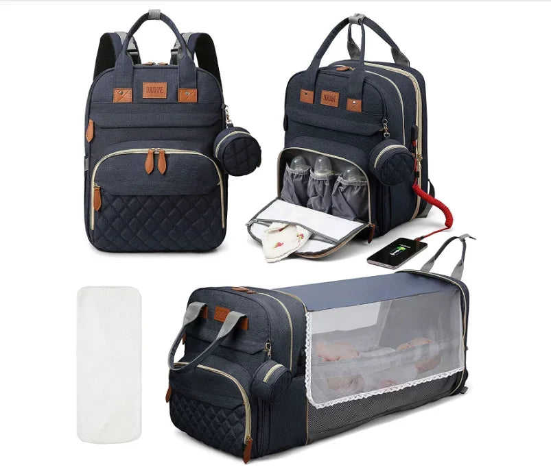 3-in-1 Diaper Bag Backpack – Foldable Baby Bed & Waterproof Travel Bag with USB Charging