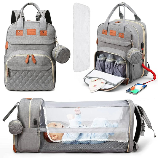 3-in-1 Diaper Bag Backpack – Foldable Baby Bed & Waterproof Travel Bag with USB Charging