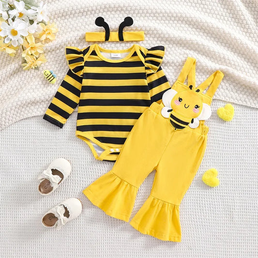 Tregren 3PCS Baby Girl Outfit – Bee-Themed Romper, Flare Overalls
