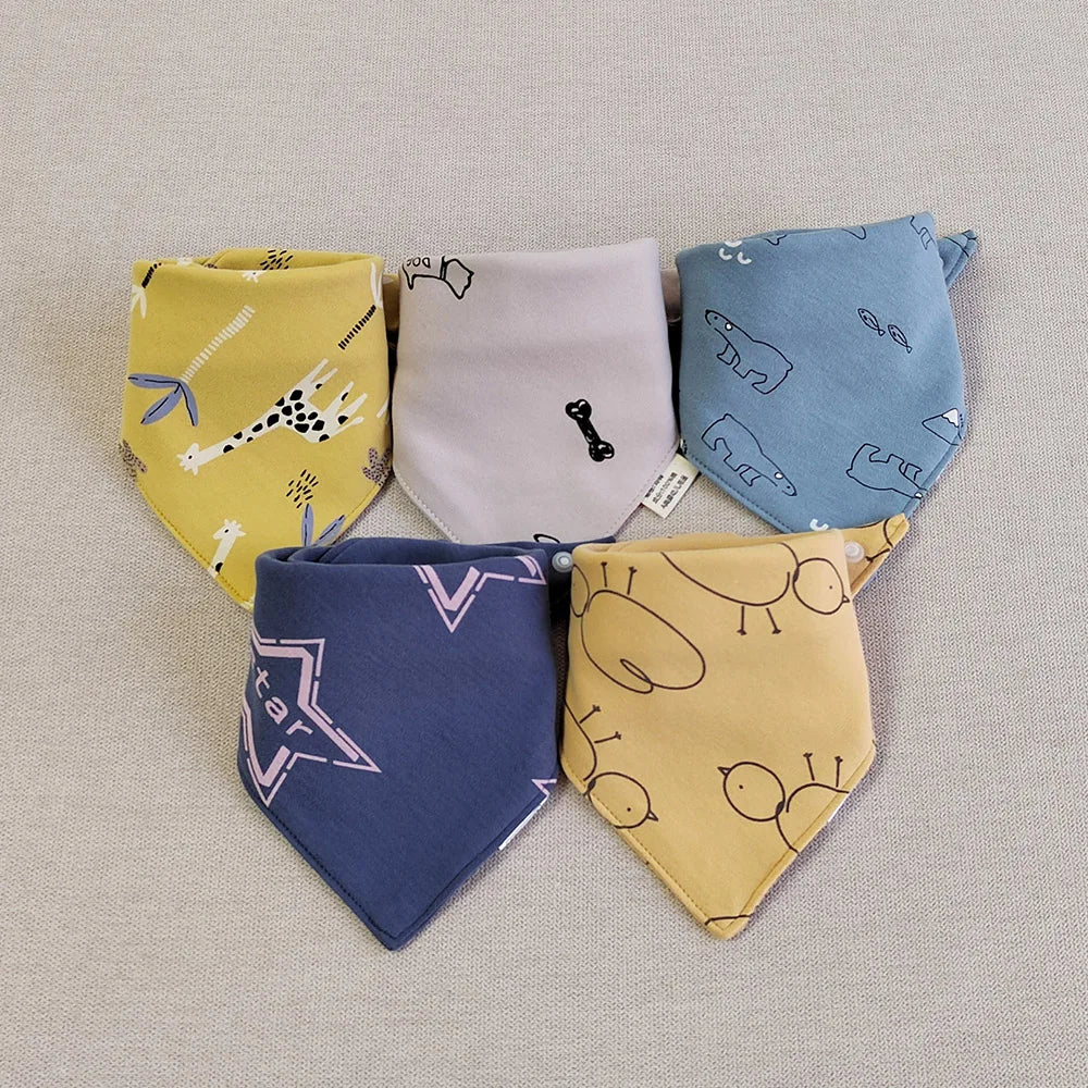 5PCS Baby Bibs – Double Cotton Triangle Bandana Bibs with Cartoon Prints