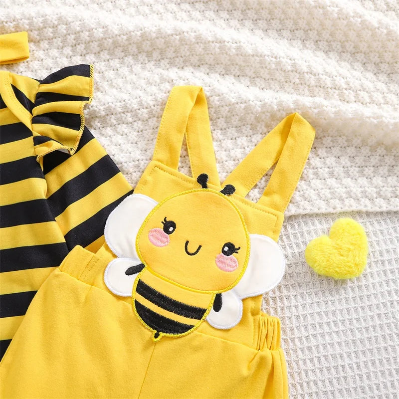 Tregren 3PCS Baby Girl Outfit – Bee-Themed Romper, Flare Overalls